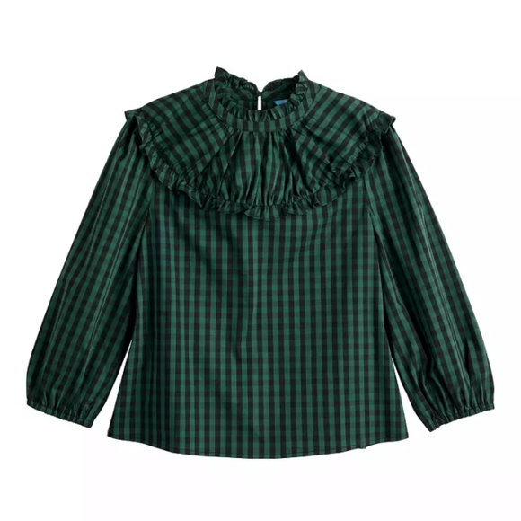 Draper James RSVP Plaid Ruffle Neck Top Size Large Green/Black - Picture 15 of 15